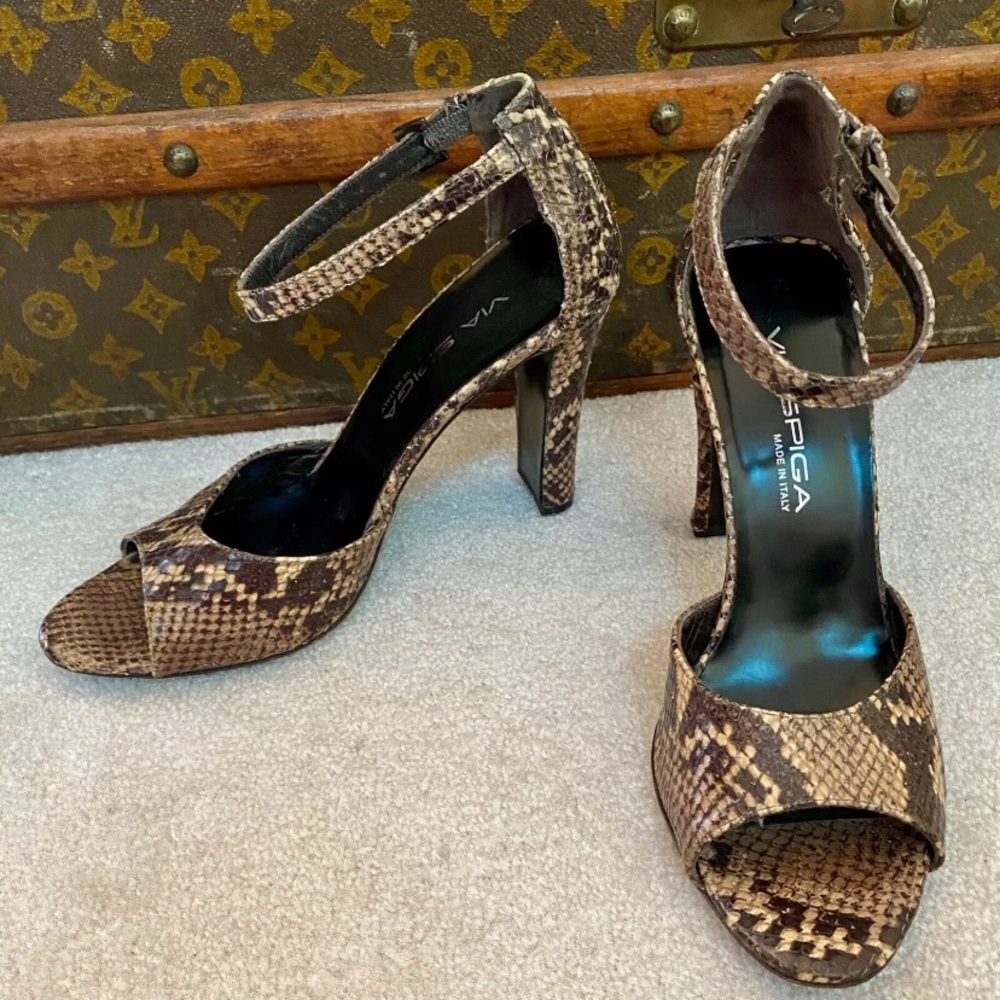 VINTAGE 90s VIA SPIGA SNAKESKIN PYTHON LEATHER HIGH HEELS PUMPS ANKLE STRAP 7.5M